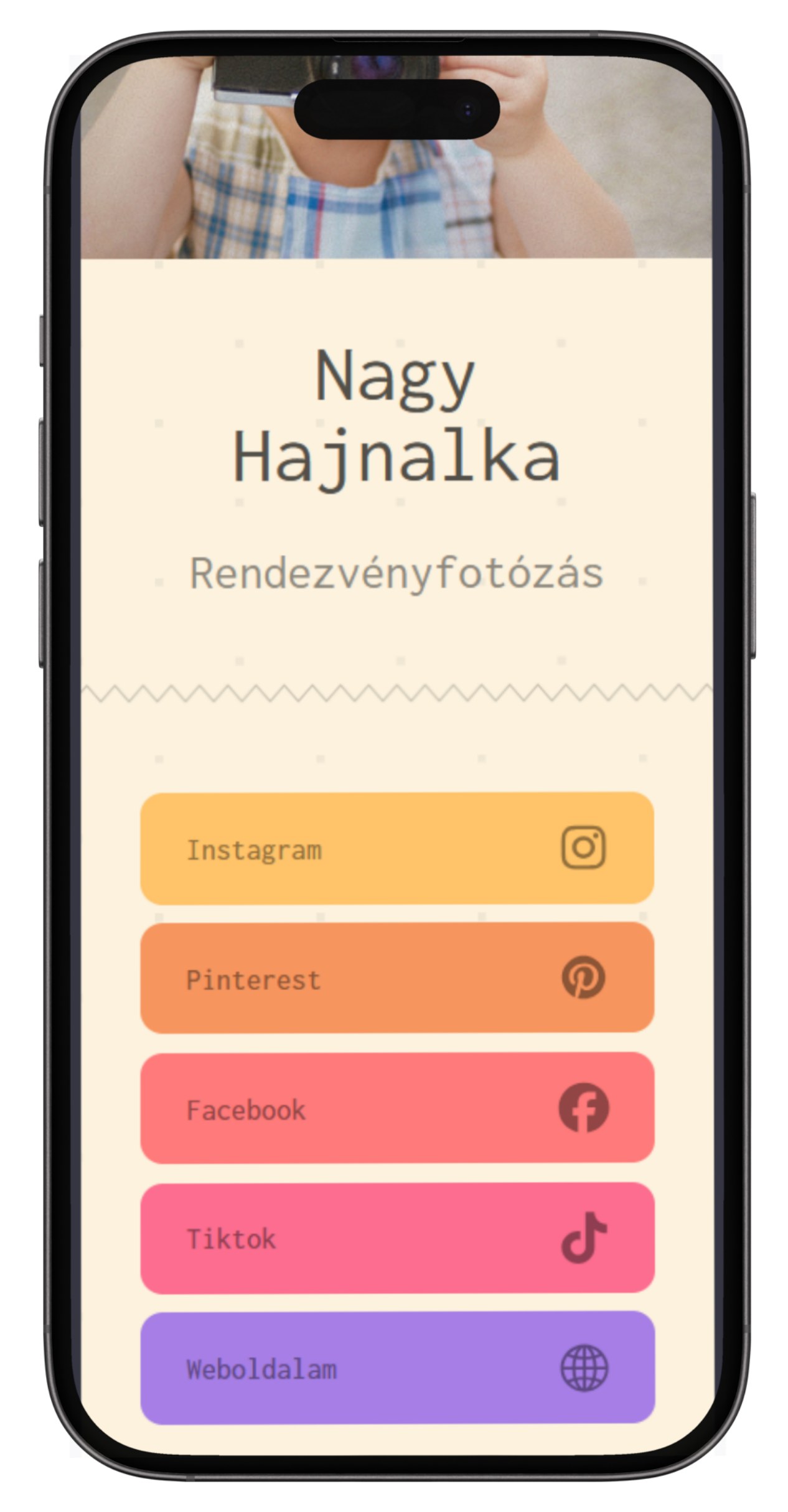 Fotós névjegykártya oldal mobilon megjelenítve