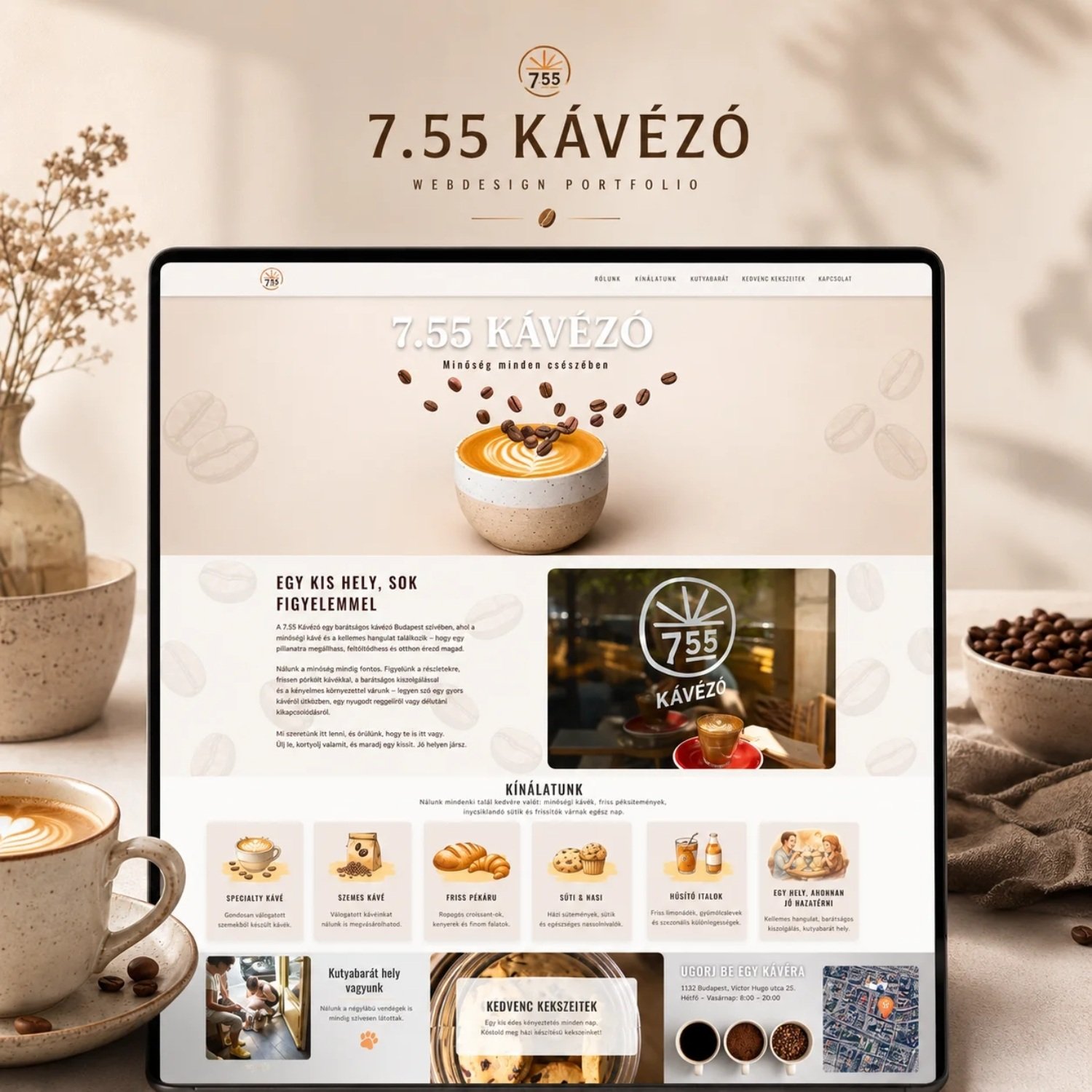A 7.55 Kávézó számára készült weboldal referencia laptopon megjelenítve