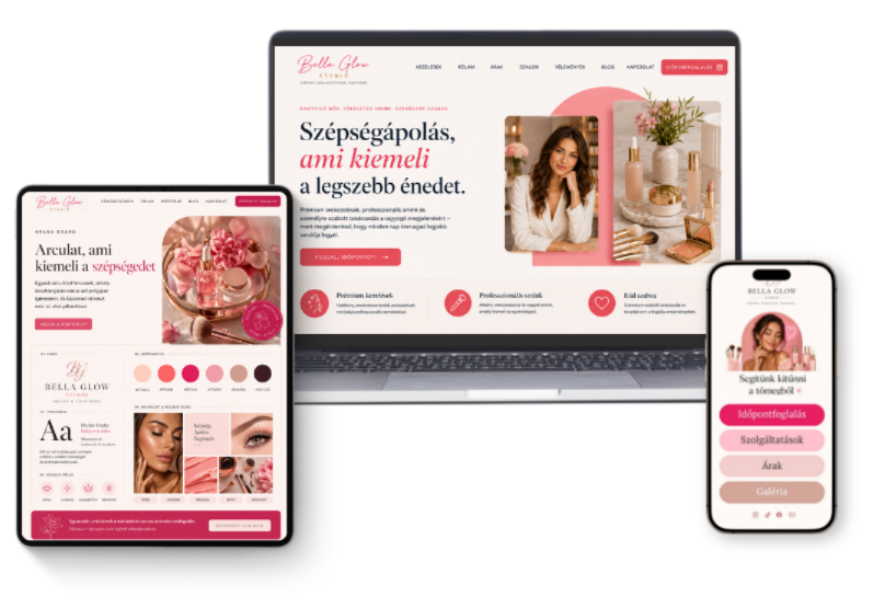 Szépségszalon weboldal és linkoldal laptopon, tableten és mobilon