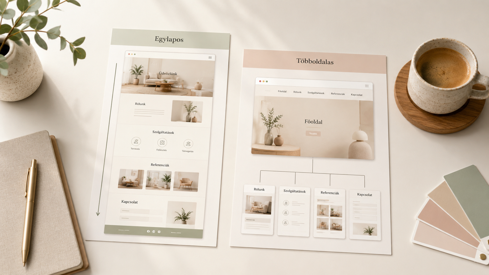 Egylapos és többoldalas weboldal felépítésének összehasonlítása egy világos tervezőasztalon