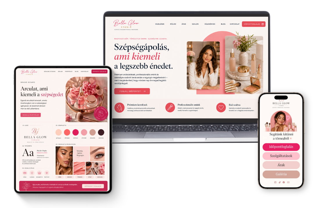 Reszponzív szépségszalon weboldal és linkoldal laptopon, tableten és mobiltelefonon