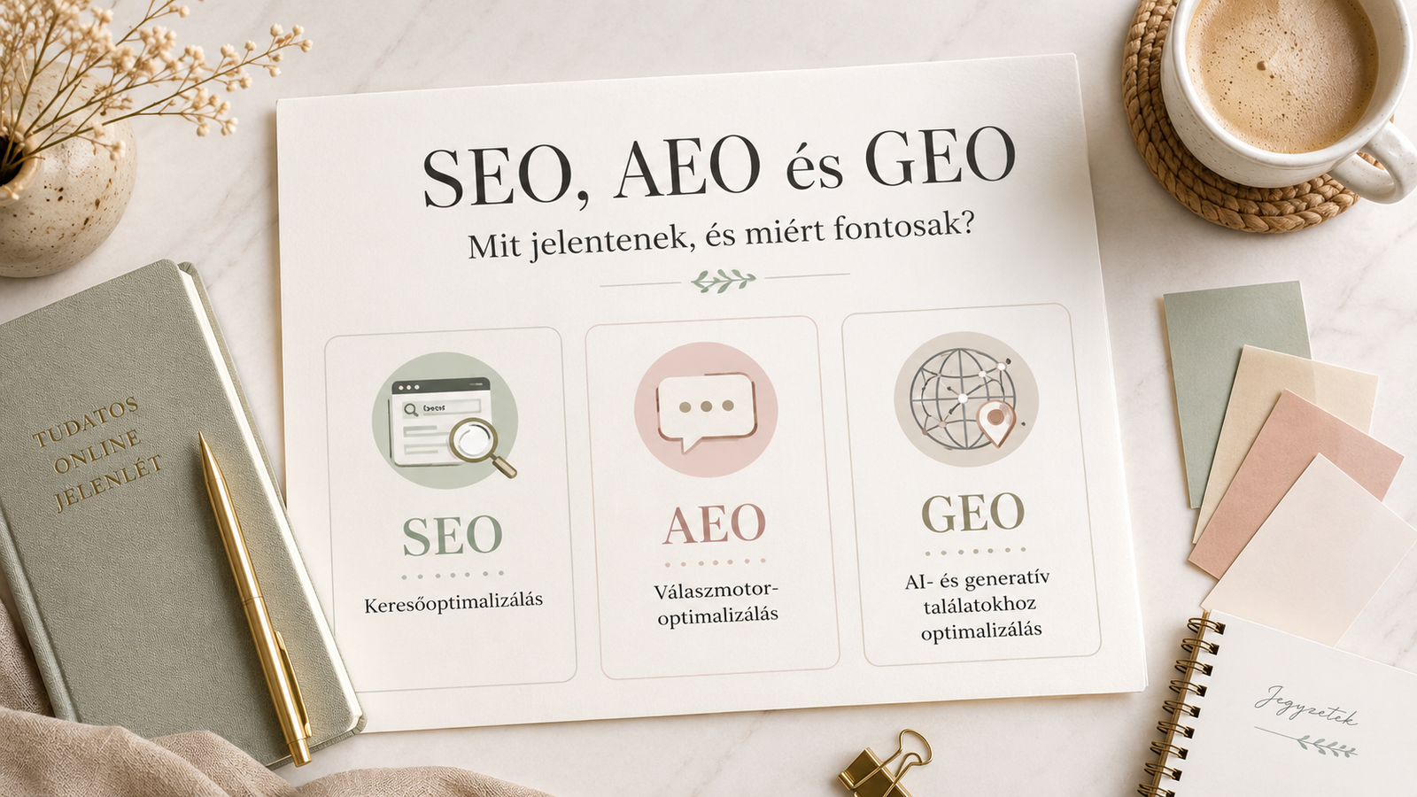 SEO, AEO és GEO keresőoptimalizálási fogalmak vizuális megjelenítése