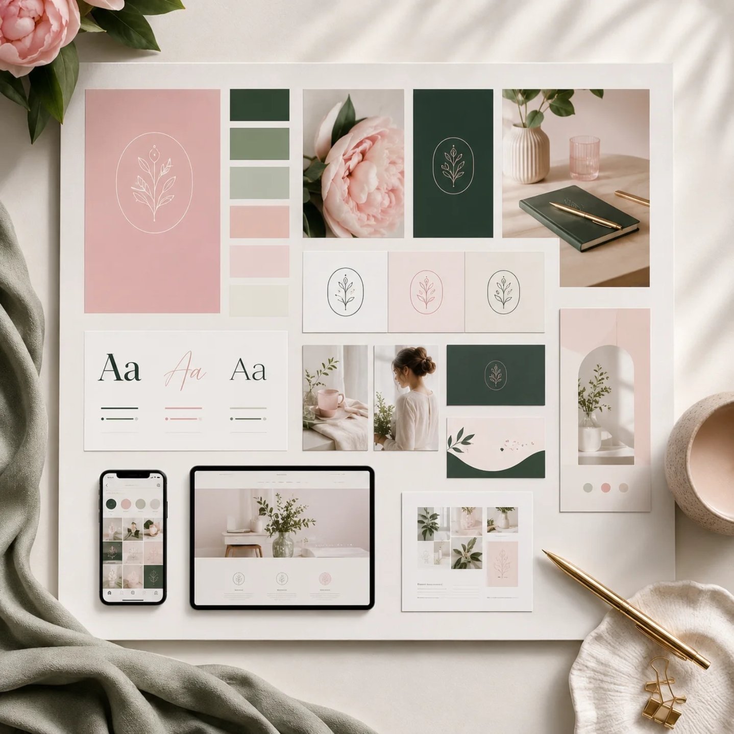 Arculati moodboard színpalettával, mintaképekkel és digitális megjelenésekkel