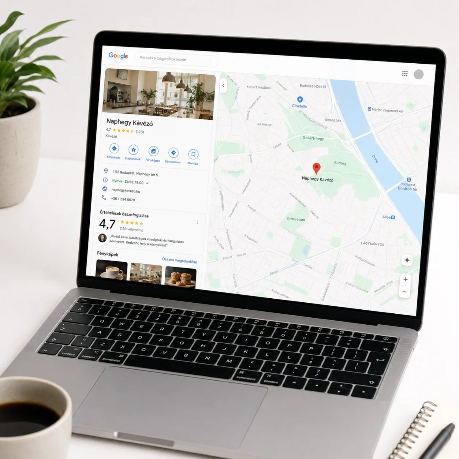 Google Cégprofilja és térképes megjelenése laptopon
