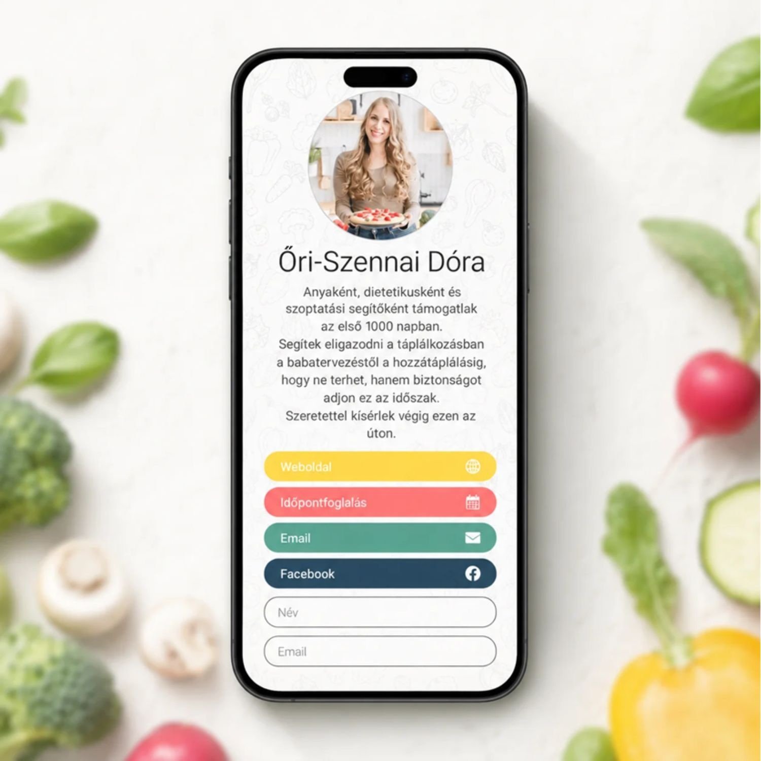 Dietetikus számára készült linkoldal mobiltelefonon megjelenítve
