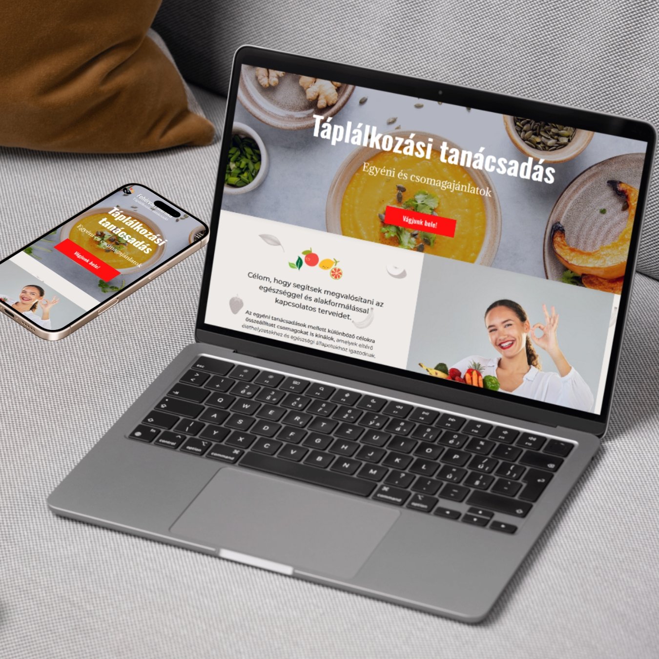 Táplálkozási tanácsadás weboldal laptopon és mobiltelefonon megjelenítve