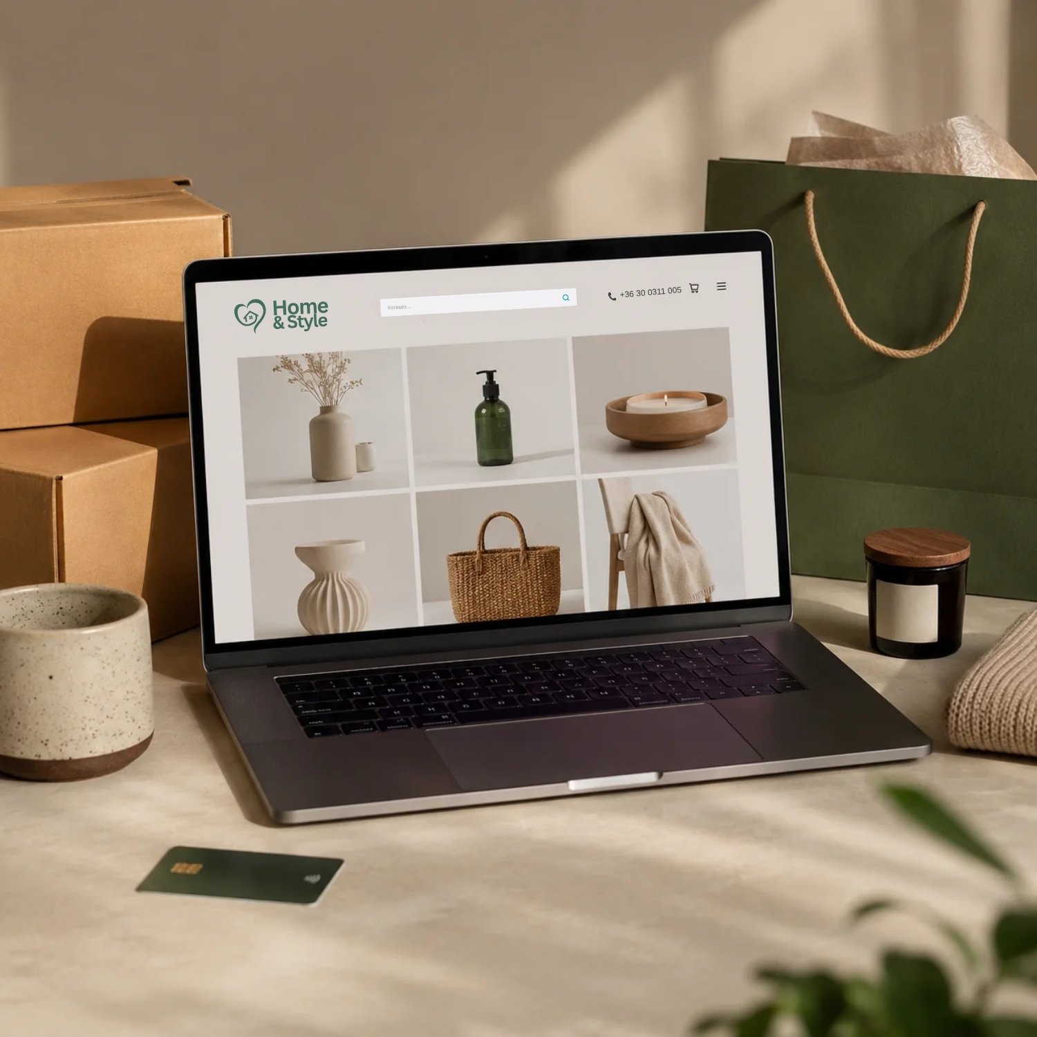 Lakberendezési termékeket kínáló webshop laptopon megjelenítve
