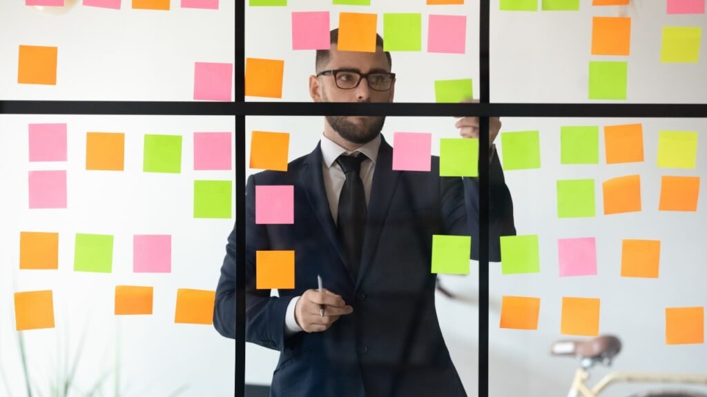 Weboldal készítésének tervezése post-itekkel egy projektfalon
